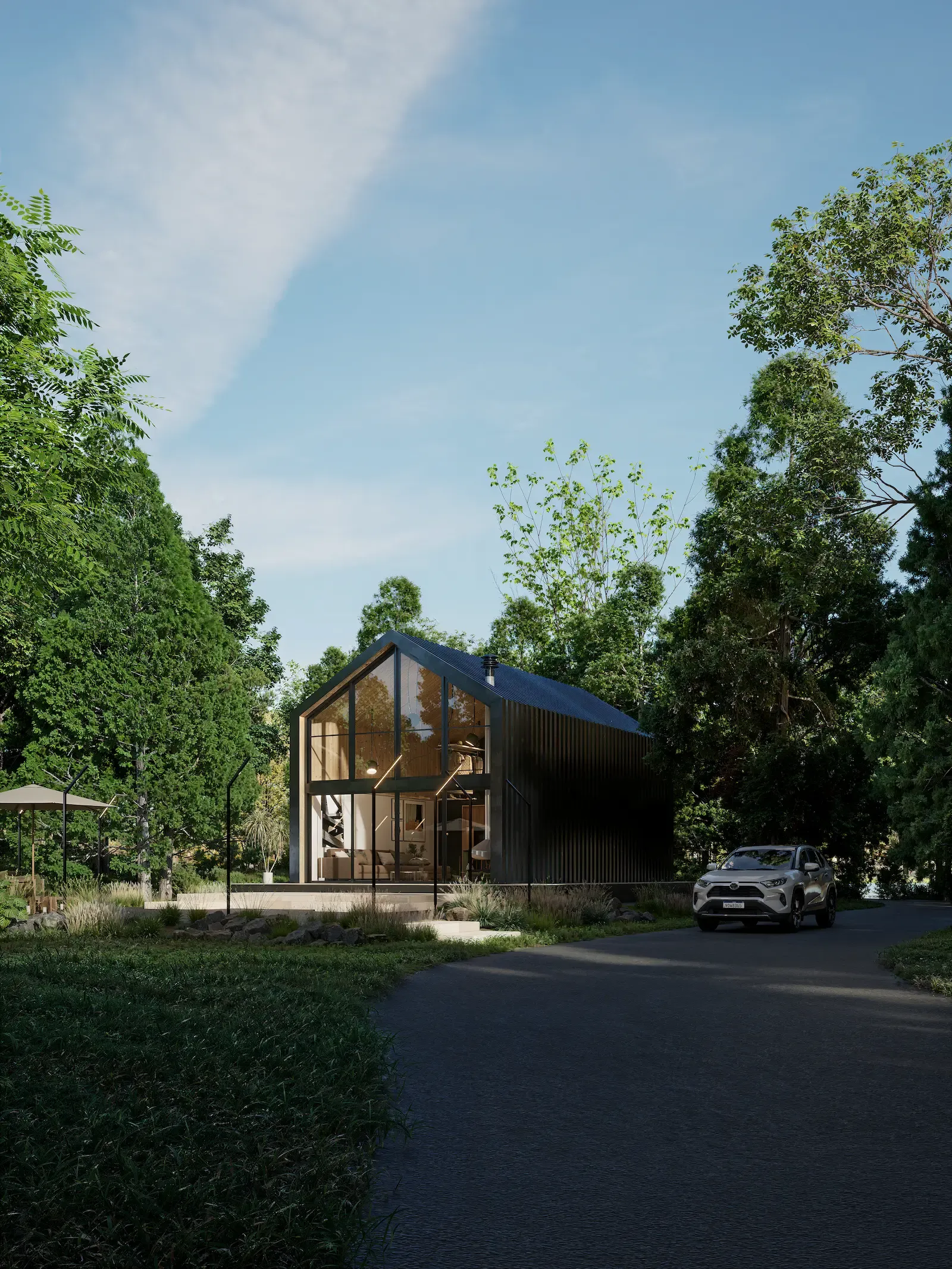 Fachada do chalé contemporâneo em meio à paisagem natural