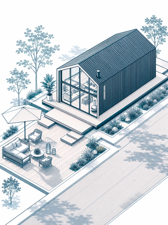 Estudo de implantação isométrica do chalé contemporâneo