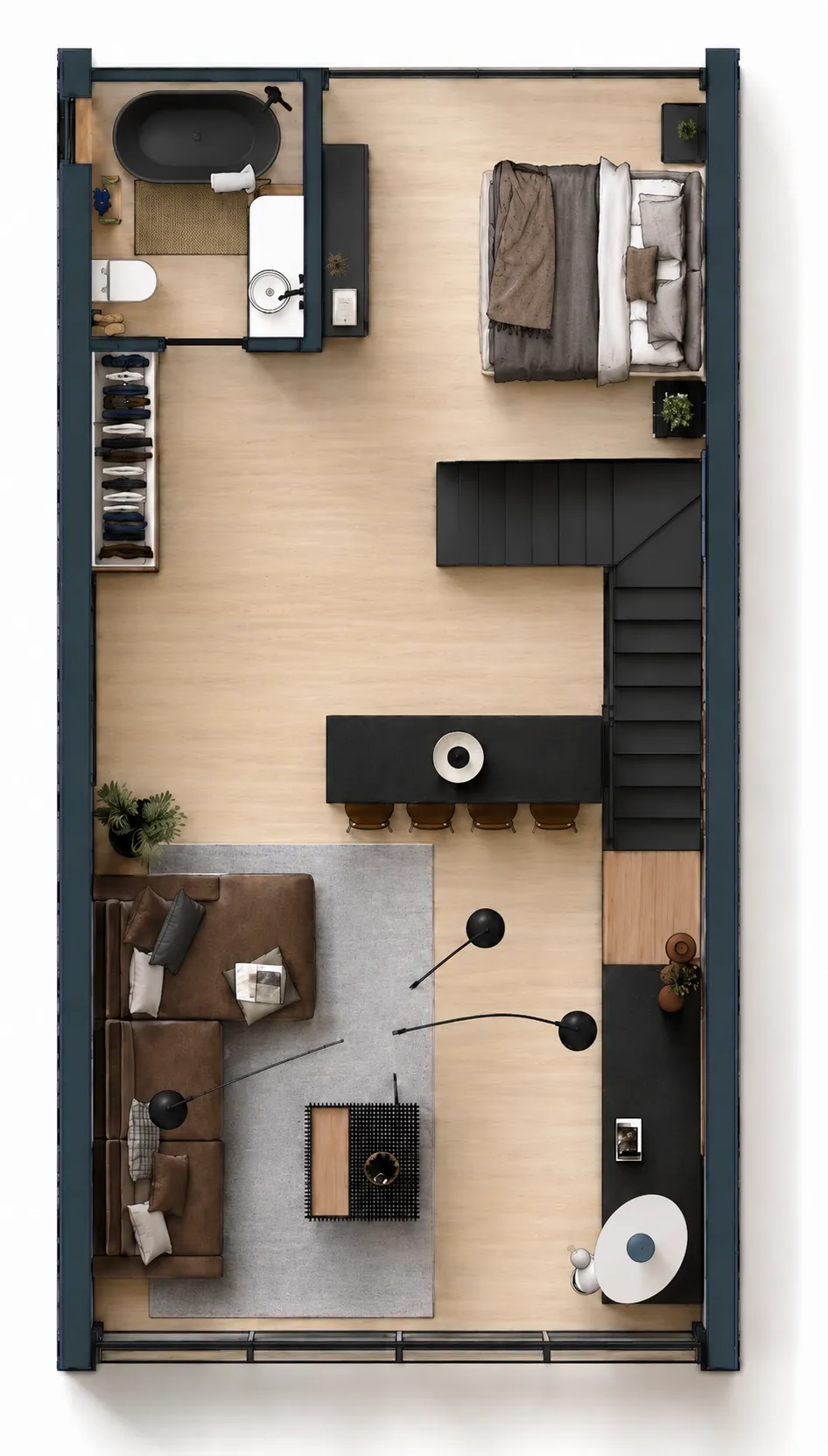 Planta baixa humanizada e layout do chalé contemporâneo