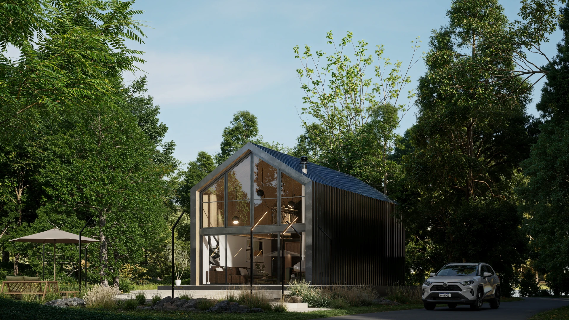 Fachada principal do Chalé Contemporâneo entre a vegetação. Visualização 3D Arqura.