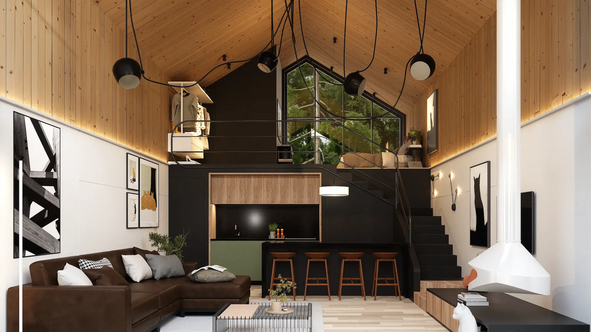 Interior do Chalé com sala, cozinha e mezanino em madeira. Visualização 3D Arqura.