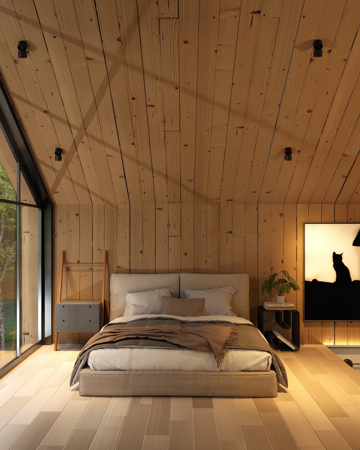 Quarto em chalé contemporâneo com revestimento em madeira e atmosfera acolhedora.