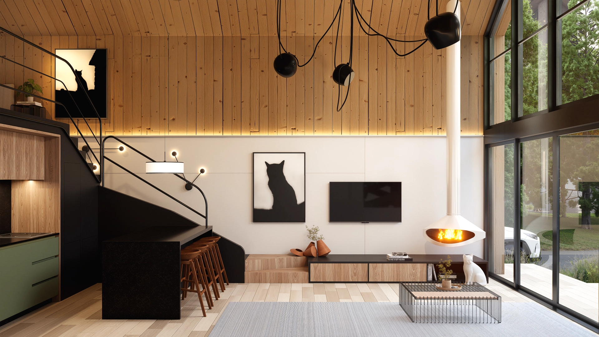 Sala de estar com lareira suspensa, painel em madeira e iluminação natural.